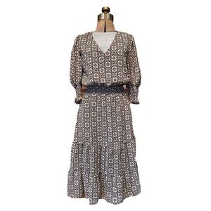 1State Printed Metallic Threaded Tiered Midi Dress Elastic Waist Puff Sleeve